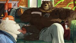 anthro avalath_tiger balls bear ben_bigger brown_body brown_fur clothing duo erection facial_scar foreskin fur furniture genitals hi_res licking male male/male male_only mammal mihoyo mishka_(zenless_zone_zero) missing_eye oral penile penis penis_lick polar_bear scar sex shirt sitting sofa spread_legs spreading tank_top tongue topwear ursine white_body white_fur zenless_zone_zero