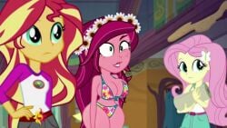 2d big_breasts bikini cabin confused_expression equestria_girls equestria_girls:_legend_of_everfree female floral_print_bikini flower freckles freckles_on_face friendship_is_magic front_view girl gloriosa_daisy_(eg) hasbro hourglass_figure hourglass_figured_female human long_hair my_little_pony outdoor_nudity panties partially_clothed pink_body stressed thighs underwear voluptuous_female