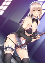 1girls absurdres apron artoria_pendragon artoria_pendragon_(alter) bare_shoulders between_legs bikini bikini_lift bikini_pull black_bikini black_bow black_footwear black_jacket black_legwear black_neckwear black_ribbon blonde_hair blurry blurry_background bow bowtie breasts breasts_out broom brown_eyes closed_mouth depth_of_field dutch_angle fate/grand_order fate_(series) female female_only frilled_bikini frills groin hair_ribbon hallway high_heels highres holding holding_broom indoors jacket kneeling leg_garter long_hair long_sleeves low_ponytail maid_bikini maid_headdress medium_breasts nail_polish neck_garter nipples off_shoulder on_floor open_clothes open_jacket paid_reward pillar pink_lips pink_nails ribbon smile solo solo_female swimsuit thighhighs waist_apron white_apron window zucchini