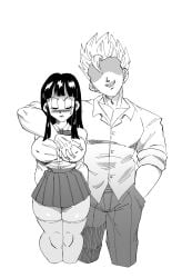 1boy 1girls big_breasts black_hair blonde_hair blush chichi closed_eyes dragon_ball dragon_ball_z edit edited embarrassed funsexydragonball grope groping groping_breast groping_breasts implied_invitation incest line_art male milf monochrome mother mother_and_son nipple_bulge school_uniform schoolboy schoolgirl schoolgirl_uniform skirt son son_and_mother son_gohan super_saiyan thighhighs thighs third-party_edit