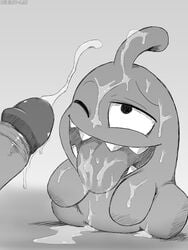 3:4 anthro cum cum_on_face cut_the_rope greyscale hi_res male male_only om_nom one_eye_closed patreon penis tongue_out winick-lim