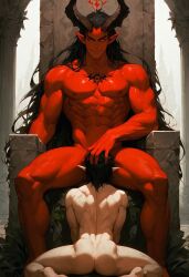 ai_generated demon devilworship elf fellatio gay male male/male male_only muscular red_body red_skin sitting_on_throne yaoi