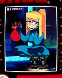 1girls blonde_hair blue_background blue_eyes blush bodysuit breasts crt doubt_(thedo_ubt) full_body handjob heels long_hair looking_away metroid nintendo open_mouth penis penis_grab ponytail samus_aran solo squatting zero_suit_samus