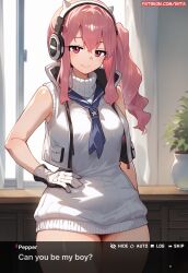 ai_generated english_text fake_screenshot gloves goddess_of_victory:_nikke happy headphones hiita_(hitta_99) pepper_(nikke) pink_eyes pink_hair side_ponytail smile sweater thick_thighs wide_hips