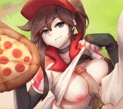 1boy animated berg between_breasts blue_eyes breasts brown_hair culinary_masters_series female hat large_breasts league_of_legends looking_at_viewer money nipples paizuri penis pizza pizza_delivery_sivir ponytail riot_games shirt shirt_lift sivir smile work_in_progress