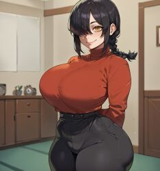 aged_up ai_generated chainsaw_man grown_up imminent_sex looking_at_viewer massive_ass massive_breasts nayuta_(chainsaw_man) smiling smogai thick_thighs