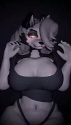 3d_(artwork) animated big_breasts black_panties furry helluva_boss looking_at_viewer loona_(helluva_boss) no_sound removing_top video