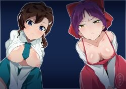 2girls biting_lip blue_eyes breasts_out brown_hair down_blouse gegege_no_kitarou hair_ribbon inuyama_mana large_breasts leaning_forward long_hair looking_at_viewer nekomusume nipple_slip oda_koziki open_shirt purple_hair squint tie_between_breasts yellow_eyes