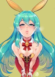 1girls alternate_costume aqua_hair ass_visible_through_thighs bare_arms bare_shoulders bent_over blowing_kiss blue_eyes blue_hair breasts bunny_ears bunny_girl bunnysuit cleavage collarbone earrings eirika_(fire_emblem) female female_only fire_emblem fire_emblem:_the_sacred_stones fully_clothed gloves green_background hair_between_eyes hands_on_own_thighs heart heart_in_eye imminent_kiss inviting leaning_forward leotard lips long_hair looking_at_viewer medium_breasts nintendo pantyhose revolverwingstudios shoulders solo very_long_hair yellow_background