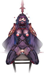 absurdres areolae ball_gag bodysuit bondage bound breasts collar cosplay covered_navel crotchless fate/grand_order fate_(series) female female_admiral_(kantai_collection) gae_bolg gag harness heart hiememiko highres kantai_collection large_breasts long_hair looking_at_viewer nippleless_clothes nipples object_insertion on_chair pauldrons purple_bodysuit purple_eyes purple_hair pussy_juice scathach_(fate) scathach_(fate)_(cosplay) sitting slave solo veil