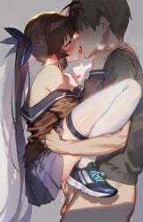 bottomless bottomless_male brown_hair girls'_frontline heart kissing_while_penetrated m14_(girls'_frontline) sex standing_sex tkohoto white_thighhighs yellow_eyes