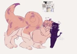 bive_(regretevator) blush centaur chubby_female dog_girl glasses naked naked_female no_sex nuzzling pubic_hair pussy regretevator roblox roblox_game robloxian size_difference small_breasts snail_girl split_(regretevator) tail tail_wagging yuri