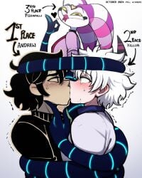 3boys andrew_graves black_hair blackwhiplash crossover eastern_and_western_character fizzarolli_(helluva_boss) gay helluva_boss hunter_x_hunter killua_zoldyck kissing male male/male male_kissing_male male_only multiple_boys the_coffin_of_andy_and_leyley white_hair yaoi