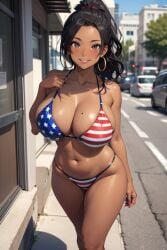 1girls ai_generated american_flag american_flag_bikini big_breasts breasts brown brown_skin city city_background earrings flag_bikini flag_print hoop_earrings looking_at_viewer mole_on_breast ponytail skinned_female smile smiling smiling_at_viewer street waiting walking