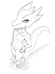 3_toes 4_fingers anthro black_and_white feet female flat_chested full-length_portrait hands_on_hips high-angle_view kobold looking_at_viewer monochrome nude portrait pussy reptile scalie simple_background sketch slit_pupils smile solo standing toes w4g4 white_background