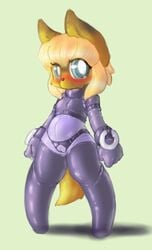 anthro big_eyes blonde_hair blue_eyes blush bodysuit canine clothing female fur gold_fur hair looking_at_viewer mammal purple_bodysuit pussy rubber rubber_suit simple_background solo sorrynothing spread_legs spreading standing