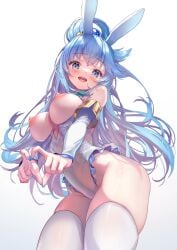 1girls aqua_(konosuba) blue_eyes blue_hair blush breasts fake_rabbit_ears female female_only hong_(white_spider) kono_subarashii_sekai_ni_shukufuku_wo! looking_at_viewer open-mouth_smile painted_nails solo thighhighs topless transparent_clothing