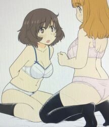 akiyama_yukari blush bra girls_und_panzer half_naked panties pink_bra pink_panties staring_at_another takebe_saori underwear white_bra white_panties