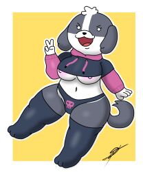 anthro barely_visible_nipples canid canine canis d13w0tt_(artist) dogs_in_space domestic_dog female fur gesture grey_body grey_fur hand_gesture hi_res mammal multicolored_body multicolored_fur netflix nipples nomi_(dogs_in_space) paggi_outfit shih_tzu short_stack simple_background smile solo thick_thighs toy_dog two_tone_body two_tone_fur white_body white_fur