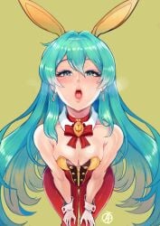 1girls alternate_costume aqua_hair ass_visible_through_thighs bare_arms bare_shoulders bent_over blue_eyes blue_hair breasts bunny_ears bunny_girl bunnysuit cleavage collarbone earrings eirika_(fire_emblem) female female_only fire_emblem fire_emblem:_the_sacred_stones fully_clothed gloves green_background hair_between_eyes hands_on_own_thighs leaning_forward leotard long_hair looking_at_viewer medium_breasts nintendo open_mouth pantyhose revolverwingstudios shoulders solo very_long_hair yellow_background