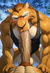 ai_generated anthro anthro_male balls biceps big_penis blowjob blush diego_(ice_age) furry gay ice_age_(series) looking_at_viewer male male/male male_only muscular muscular_male nipples pecs penis penis_in_mouth toned_body toned_male twall97 wink winking_at_viewer