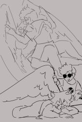 2boys alien alien_humanoid canon_couple dave_strider gay homestuck homestuck_troll horn horns humanoid karkat_vantas male male_focus male_only monochrome partially_clothed partially_clothed_male reddenedrain sfw short_hair short_hair_male sketch troll wings yaoi