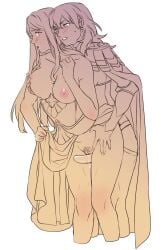 2girls blush breasts breasts_out byleth_(female)_(fire_emblem) byleth_(fire_emblem) cape clothes_lift dildo dress dress_lift edelgard_von_hresvelg fire_emblem fire_emblem:_three_houses grabbing_another's_breast grabbing_from_behind groping highres large_breasts long_hair looking_back multiple_girls nude pussy pussy_juice radiostarkiller sex_toy strap-on thigh_sex yuri