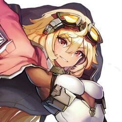 ammo_pouch ammunition_pouch armpits armpits_through_clothes arms_behind_head bangs blonde_hair bodysuit color eyebrows_visible_through_hair female female_focus female_only from_below game_cg goggles goggles_on_head hair_between_eyes hair_tuft high_collar jacket last_origin long_hair looking_at_viewer nipple_bulge p-24_pinto_(last_origin) paintale red_eyes small_breasts smile smiling smiling_at_viewer stretching stretching_arms teeth tight_bodysuit tight_clothing transparent_background upper_body viewed_from_below white_bodysuit yellow_goggles