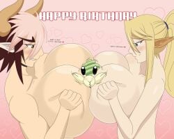 big_breasts blush boob_squish cathyl_(monster_musume) centauress centorea_shianus cowgirl crowns horny_face minotaur monster_musume_no_iru_nichijou nude okayado smiling