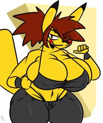 athletic athletic_female big_breasts breasts cleavage female furry huge_breasts kingretrokirby nintendo pikachu pokemon pokemon_(species) red_hair smirk smirking smirking_at_viewer smug tagme thick_thighs wide_hips