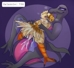 3_toes absurd_res anonymous_artist anthro avian bird blush bodily_fluids cuddling cum cum_on_body cum_on_tail cumshot duo ejaculation feathers feet female generation_7_pokemon genital_fluids genitals hi_res larger_female looking_at_another male male/female male_penetrating musk musk_clouds narrowed_eyes nintendo owl penetration penis pokemon pokemon_(species) pull_out reptile rye_owl_(character) salazzle scalie size_difference smaller_male tail tail_feathers tail_tuft tapering_penis toes tuft