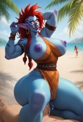 ai_generated beach big_ass big_breasts blue_skin cowgirl_position cum dick female male mohawk mohawk_(hairstyle) palm_tree red_hair troll troll_(warcraft) troll_female warcraft water world_of_warcraft