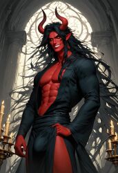 ai_generated black_hair bulge demon devilworship glowing_eyes horns male male_only muscular red_body red_skin