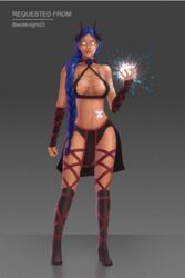 animated blackknight23 blue_hair boots braid demon demon_girl demon_horns glowing heels horns loincloth long_hair magic necklace no_pupils straps tattoo thighhigh_boots white_eyes