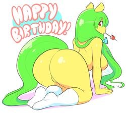 ! 1girls 2016 all_fours anthro ass big_breasts big_butt birthday breasts butt_focus clothing earth_pony english_text equine fan_character female female_only fur green_hair hair horse kneehighs legwear long_hair looking_back mammal mango_(character) my_little_pony pony pussy red_eyes simple_background socks solo text theycallhimcake thick_thighs white_background white_legwear yellow_fur