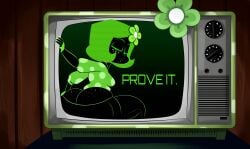 ass big_ass big_butt brain_dump burnbot clothed clothing electronics english_text female flower flower_on_head freckles green_body green_flower green_hair green_skin hotdiggedydemon ota_(artist) rear_view short_hair talking_to_viewer television text tv youtube