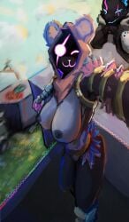 anthro bear bear_ears big_breasts breasts canid canine canis claws detailed_background duo epic_games eye_scar facial_scar female fluffy fortnite front_view grass hi_res hood mammal pack_leader_highwire plant purple_body purple_eyes raven_team_leader scar selfie shen-k truck_(vehicle) vehicle wide_hips wolf