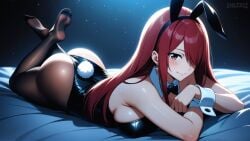 1girls ai_generated animal_ears ass bare_shoulders bed_sheet black_background breasts brown_eyes earrings erza_scarlet fairy_tail fake_animal_ears feet full_body glowing hair_over_one_eye large_breasts long_hair looking_at_viewer lying on_bed on_stomach pantyhose playboy_bunny rabbit_ears red_hair sidelocks smile snazzdaz snazzle solo solo_focus stable_diffusion the_pose watermark wrist_cuffs