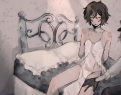 2boys bed blouse blush blushing_male bottom_dazai boy boys brown_hair bsd bungo_stray_dogs bungou_stray_dogs chuuya_nakahara color colored crossdressing crossdressing_male cute dazai_osamu feminine_male feminine_pose gloves hand_on_thigh lingerie nakahara_chuuya osamu_dazai shy shy_expression sitting sitting_up twink twitter