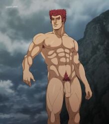 1boy abs berserk burankoprn grunbeld muscle outdoors penis presenting presenting_penis red_hair solo