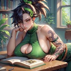 1girls ai_generated akali big_breasts breast_press breasts_bigger_than_head cleavage color covered_nipples green_eyes huge_breasts league_of_legends library nipple_bulge sfw sweat tied_hair