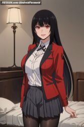 ai_generated aindroidparanoid black_hair huge_ass huge_breasts huge_butt jabami_yumeko kakegurui large_ass large_breasts narrow_waist red_eyes school_uniform schoolgirl shirt skirt stable_diffusion straight_hair