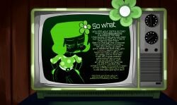 brain_dump burnbot clothed clothing electronics english_text female flower flower_on_head freckles green_body green_flower green_hair green_skin hotdiggedydemon insult insulting_viewer ota_(artist) short_hair talking_to_viewer television text tv youtube