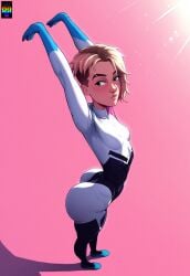 ai_generated big_ass blonde_hair bubble_butt costume cute_face gwen_stacy marvel marvel_comics repartz simple_background slender_body small_breasts small_hips small_waist spider-gwen spider-man:_into_the_spider-verse spider-man_(series) stretching thick_thighs tight_clothing tight_fit