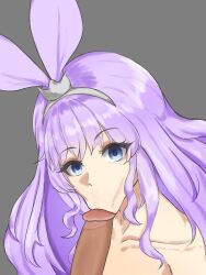 :>= alternate_breast_size bad_id bad_pixiv_id blue_eyes collarbone delphinus_yukino_(saint_seiya:_rising_cosmo) empty_eyes female flat_chest grey_background highres long_hair looking_at_viewer mrtyk_rush nude open_mouth oral penis purple_hair saint_seiya saint_seiya:_rising_cosmo simple_background solo wavy_hair