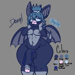 anthro balls bat big_penis blue_body blue_hair day74art english_text genitals hair male mammal model_sheet penis solo tail text thick_thighs vein veiny_penis wings