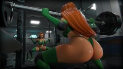 1girls 3d 3d_(artwork) ass ass_focus barbell female female_only ginger green_eyes gym gym_clothes gym_uniform headphones highres lia3d lifting light-skinned_female light_skin long_hair mirror orange_hair reflection sam_(totally_spies) serpentorder shoes sneakers squatting sweat sweating thighs totally_spies weightlifting