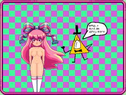 big_breasts bill_cipher bow checkered_background disney disney_channel disney_xd female female_focus giffany gravity_falls green_background pink_background pink_hair pixel_art socks thigh_highs translation_request