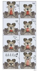 absurd_res animal_genitalia animal_penis anthro black_nose bodily_fluids brown_body brown_fur button_ears canid canine canine_genitalia canine_penis canis closed_eyes comic comic_panel cum cum_drip cum_in_mouth cum_inside cum_on_tongue deep_throat dialogue domestic_dog drinking drinking_cum dripping duo feet fellatio floppy_ears fur genital_fluids genitals green_eyes grey_body grey_fur hi_res knot looking_pleasured male male/male mammal narrowed_eyes oral oral_penetration orgasm penetration penile penile_penetration penis red_penis saliva sex simple_background teeth text tinnier tongue tongue_out