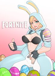 1girls absurdres alternate_costume animal_ears animal_hood aqua_eyes big_lips black_bra blonde_hair blue_eyes bra breasts bunny_ears bunny_girl cameltoe cleavage constructor_penny copyright_name easter easter_egg eyelashes fake_animal_ears female female_only fingerless_gloves fortnite fortnite:_save_the_world front_view gesture gloves gradient_background highres holidays hoodie human kneeling large_breasts lipstick looking_at_viewer miss_bunny_penny_(fortnite) navel onesie penny_(fortnite) pink_background pink_lipstick rodjim shoulder_pads smile solo thick_thighs thumbs_up undressing unzipped unzipping video_games voluptuous